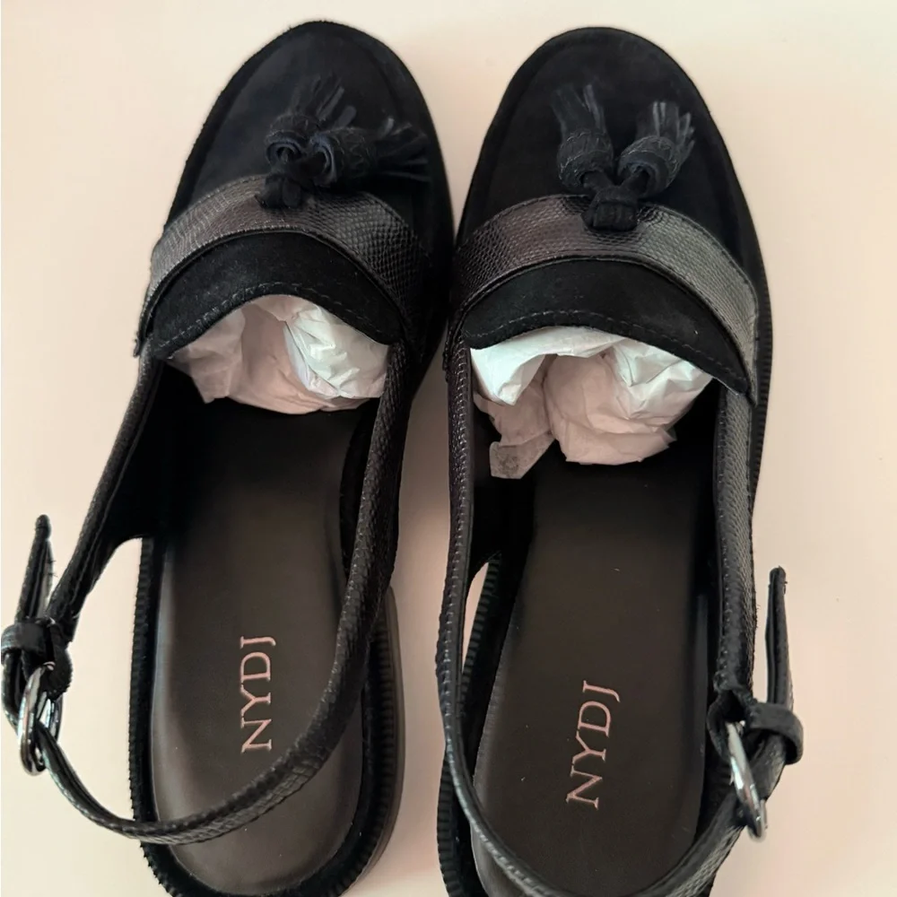 NYDJ Audrina 02 Black Suede Tassel Slingback Loafers Women’s 7 NEW